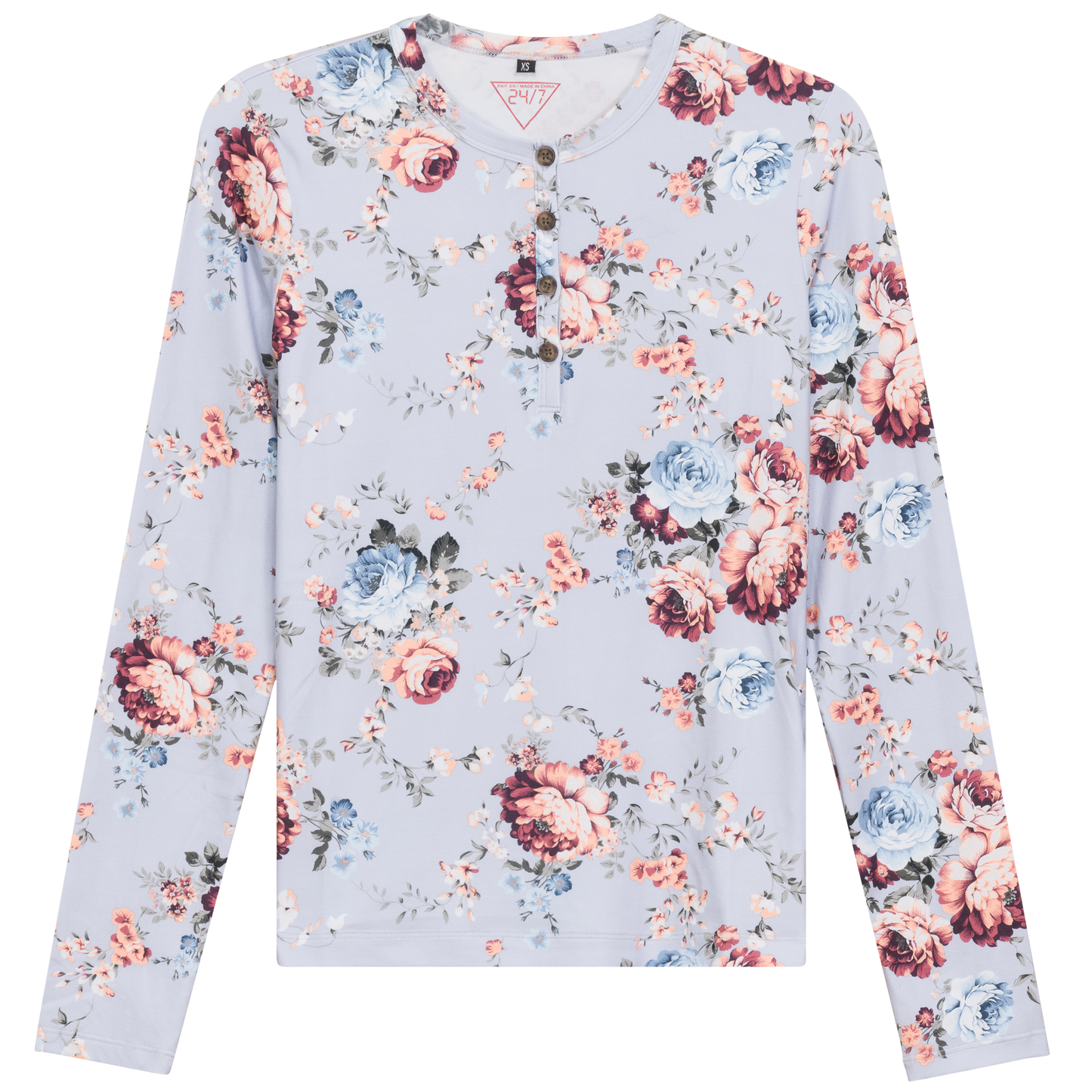 Henley Front Floral Tee Dusty Blue