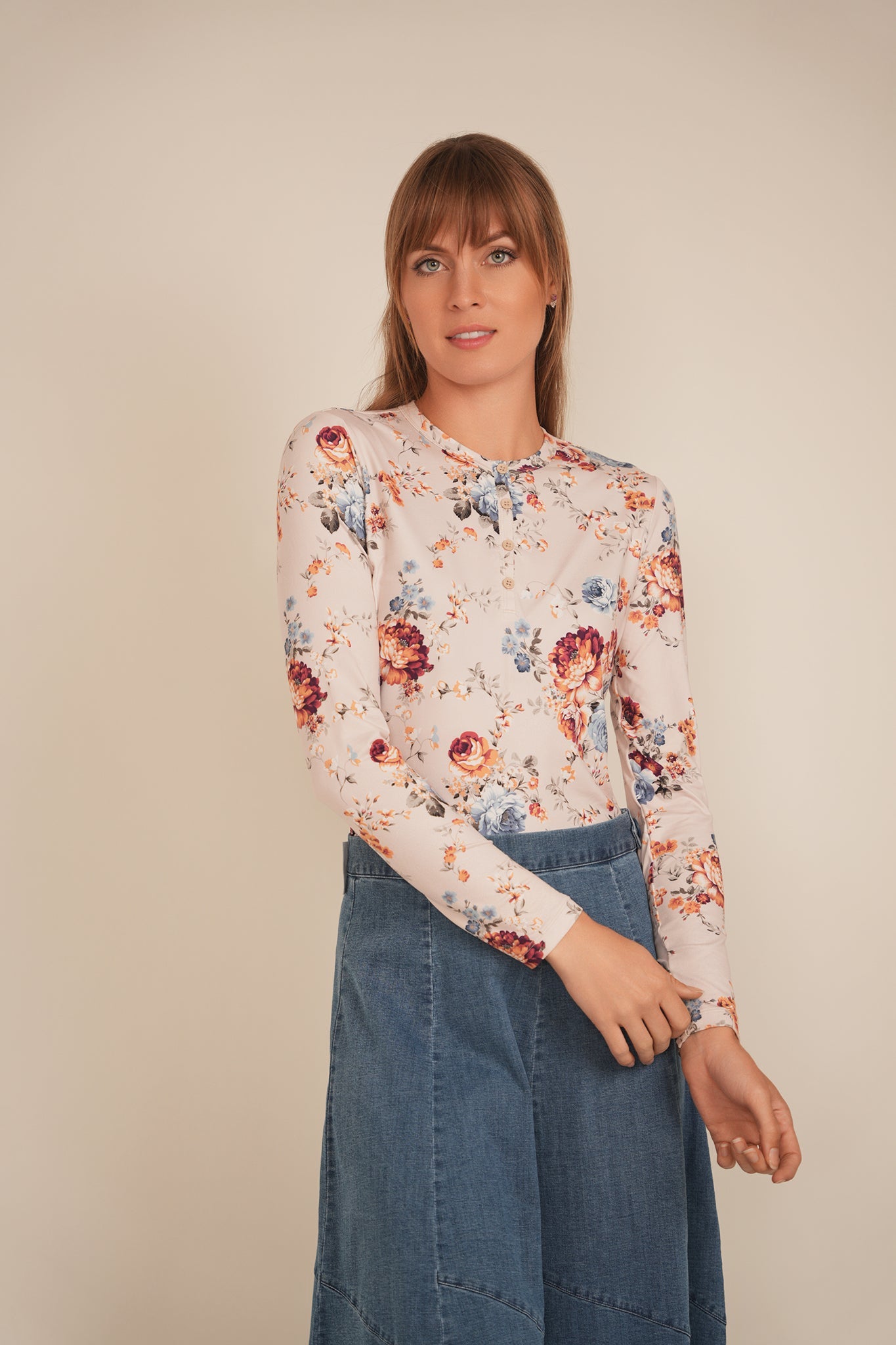 Henley Front Floral Tee
