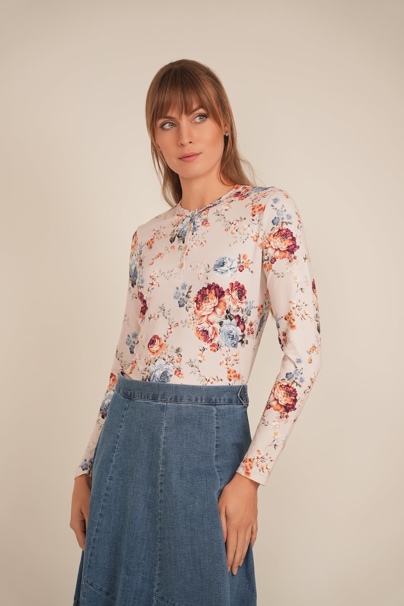 Henley Front Floral Tee
