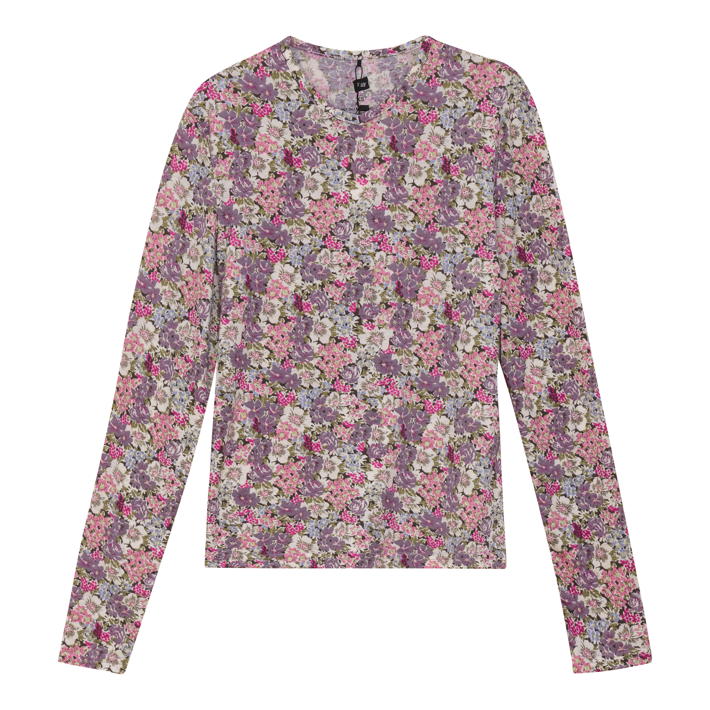 Cotton Floral Long Sleeves V Neck Tee Lavender