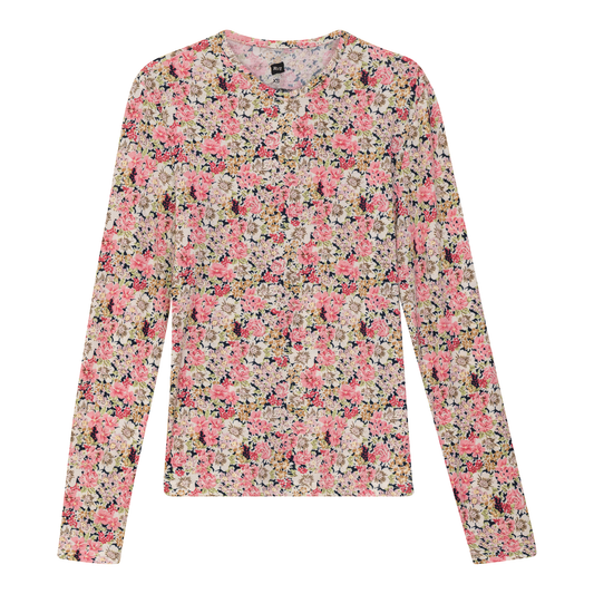 Cotton Floral Long Sleeves V Neck Tee Pink