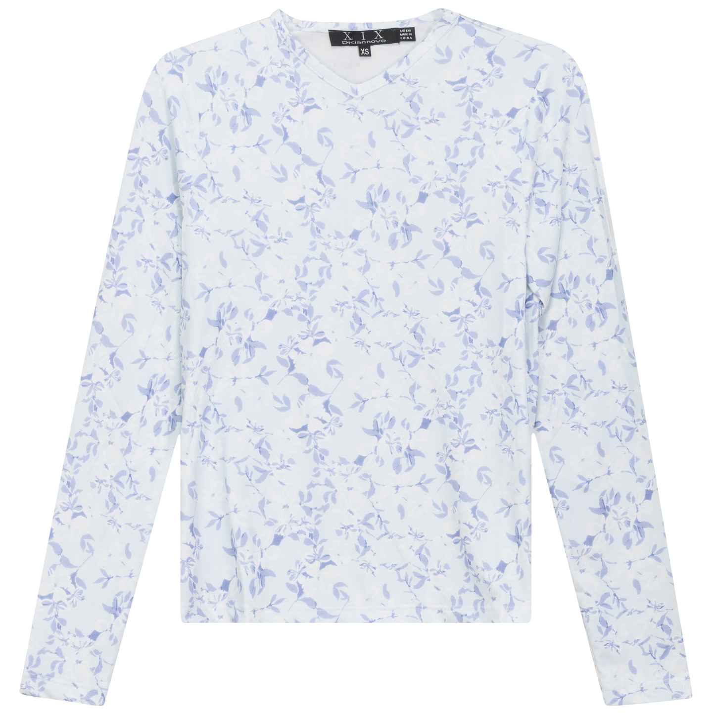 Printed V Neck Long Sleeve Tee Light Blue