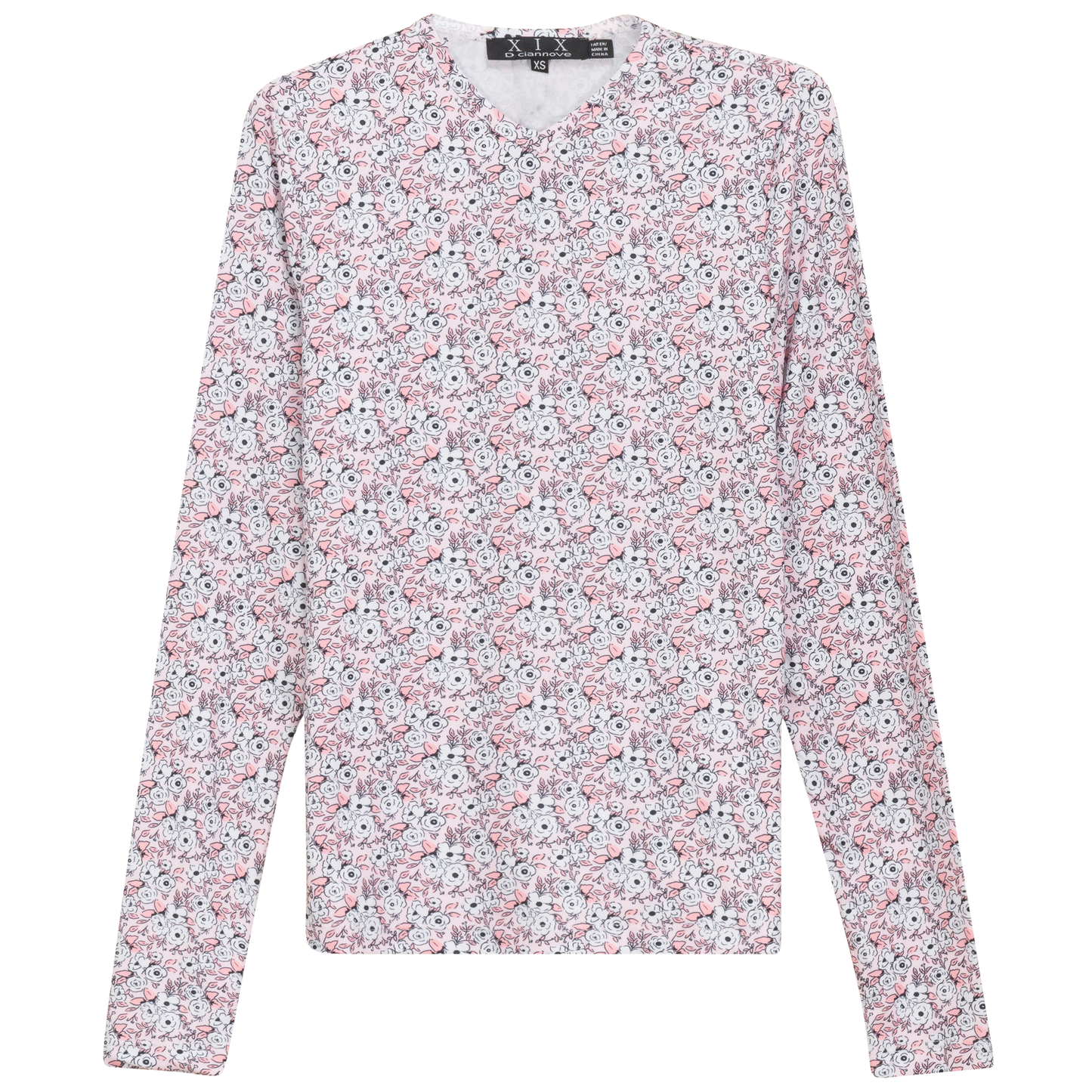 Printed V Neck Long Sleeve Tee Pink