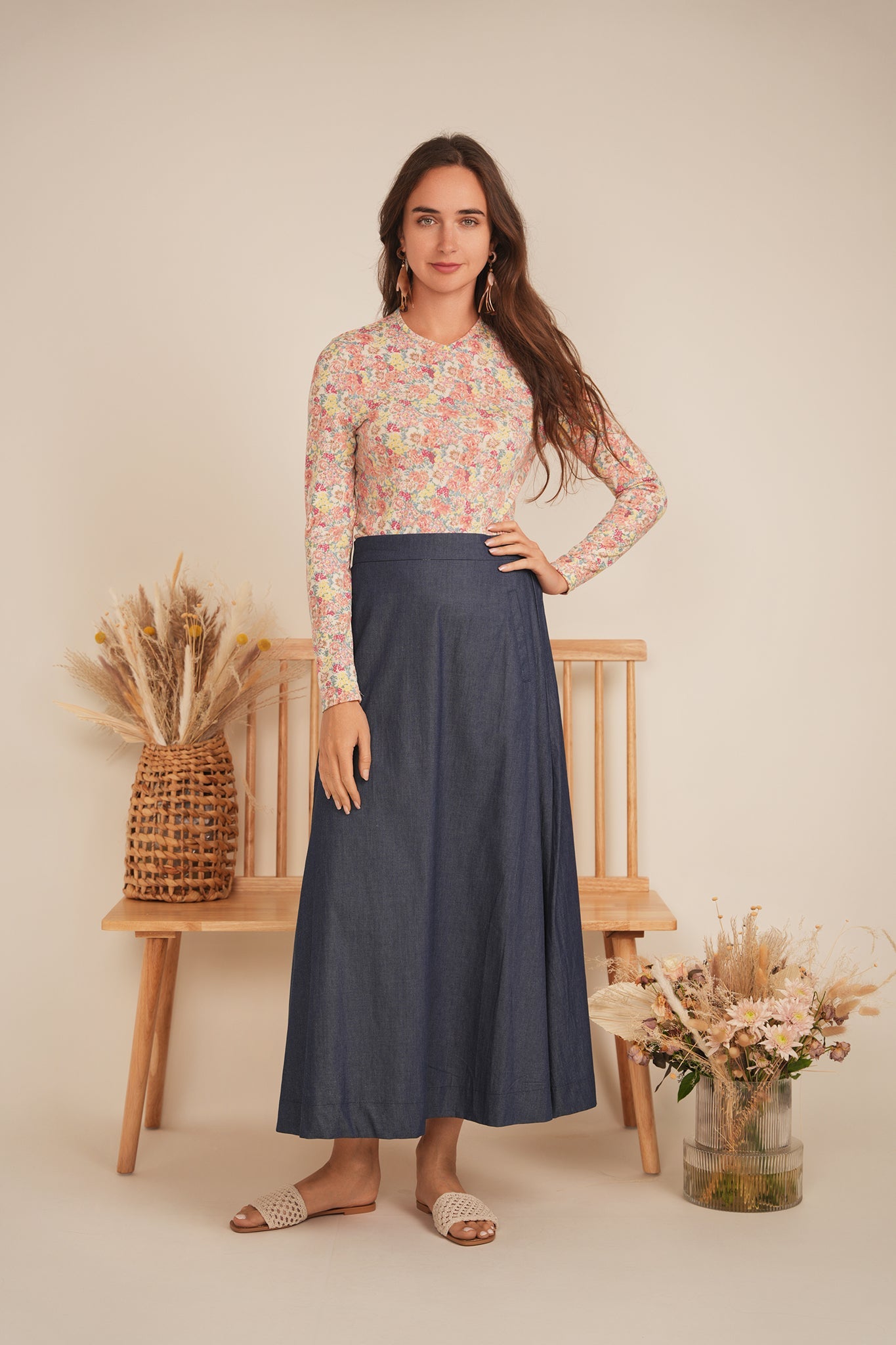 Printed V Neck Long Sleeve Tee