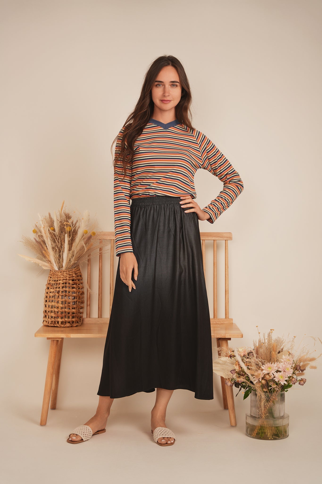 Stripped V Neck Raglan Tee