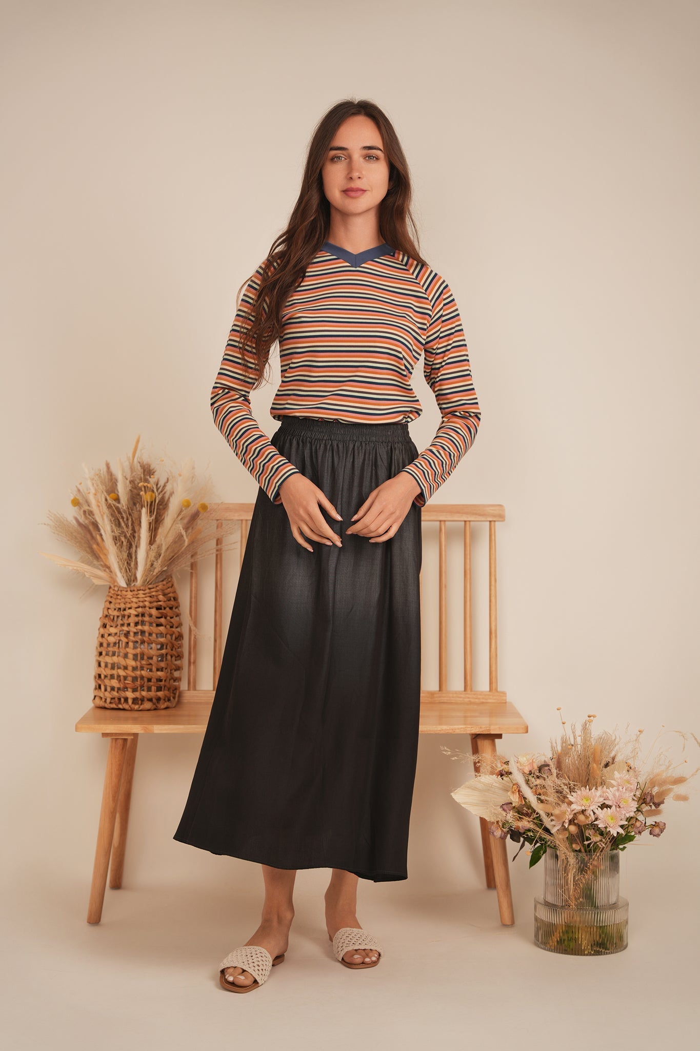 Stripped V Neck Raglan Tee