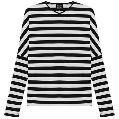 Cotton Striped V Neck Top Black White