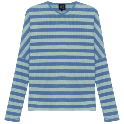 Cotton Striped V Neck Top Chambray Mint