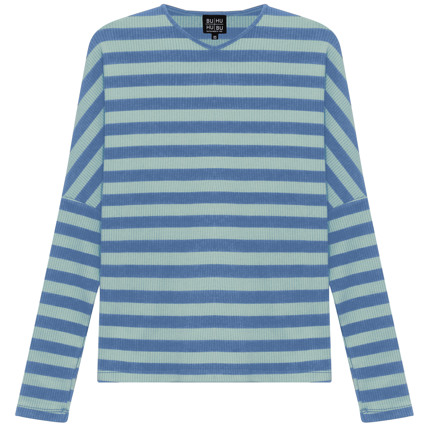 Cotton Striped V Neck Top Chambray Mint