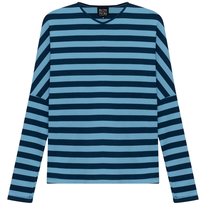 Cotton Striped V Neck Top Denim Blue