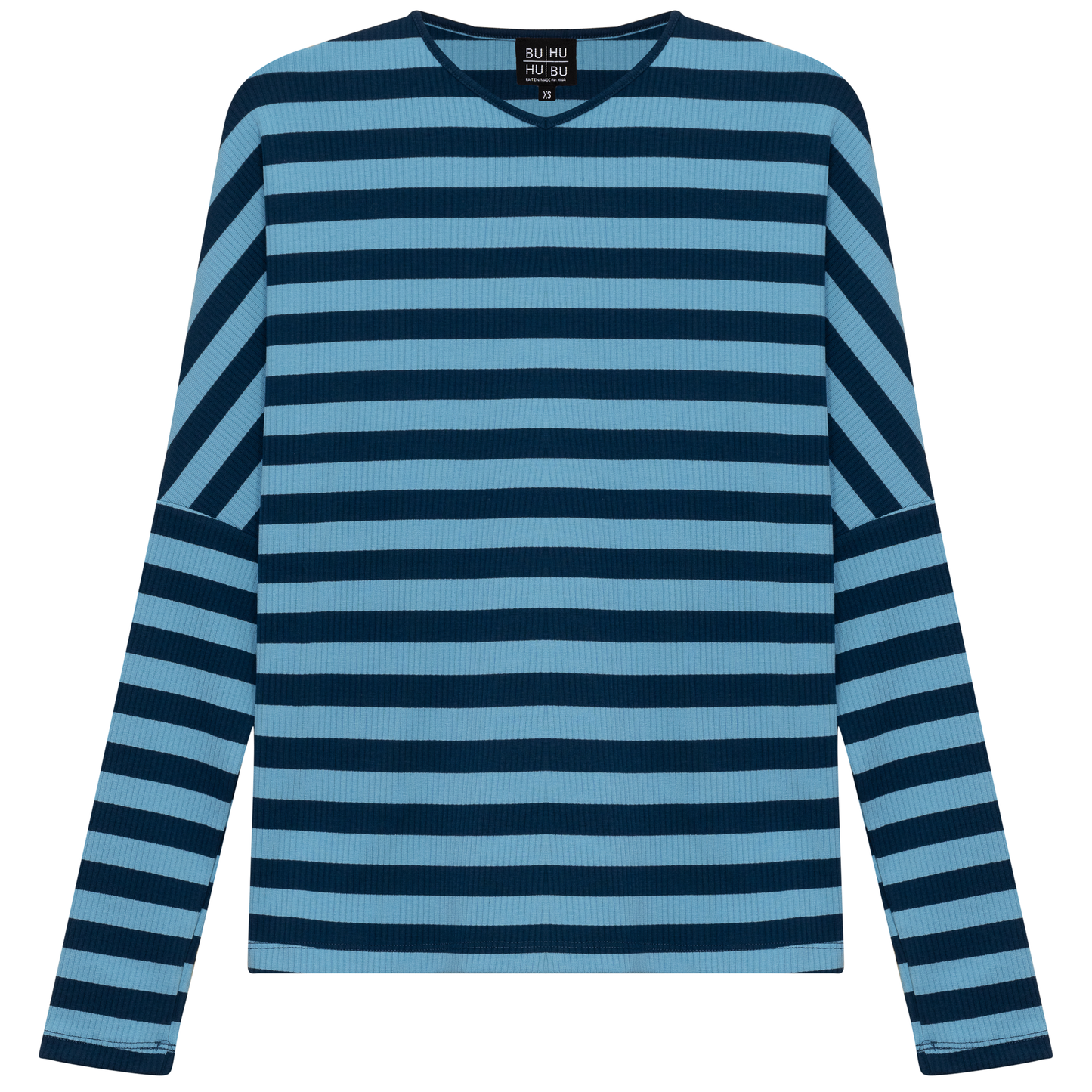 Cotton Striped V Neck Top Denim Blue