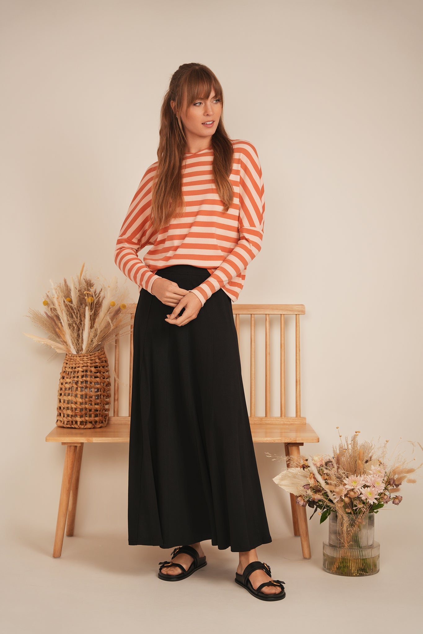 Cotton Striped V Neck Top