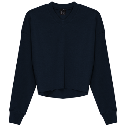 Cropped Cotton V Neck Top Dark Denim