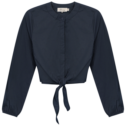 Cropped Cotton Tie Blouse Dark Navy
