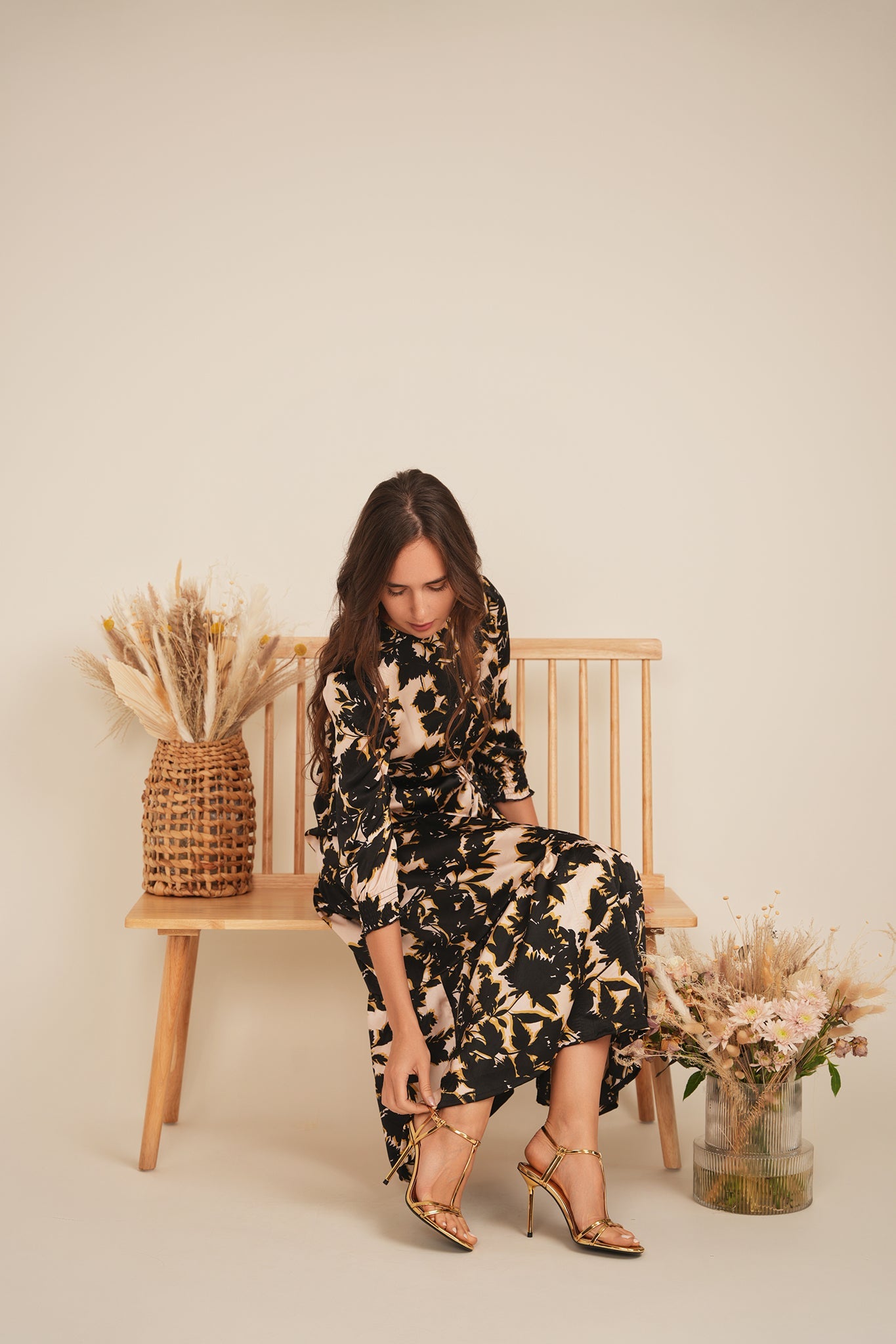 Printed Chiffon High Waisted Midi Dress