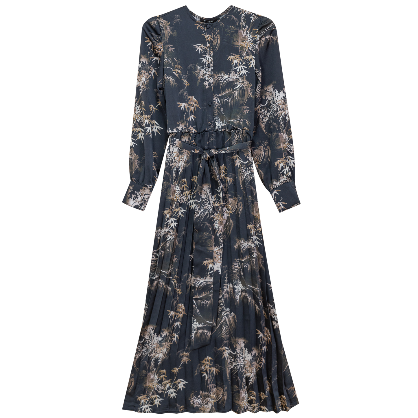 Printed Satin Accordian Pleated Dress Black