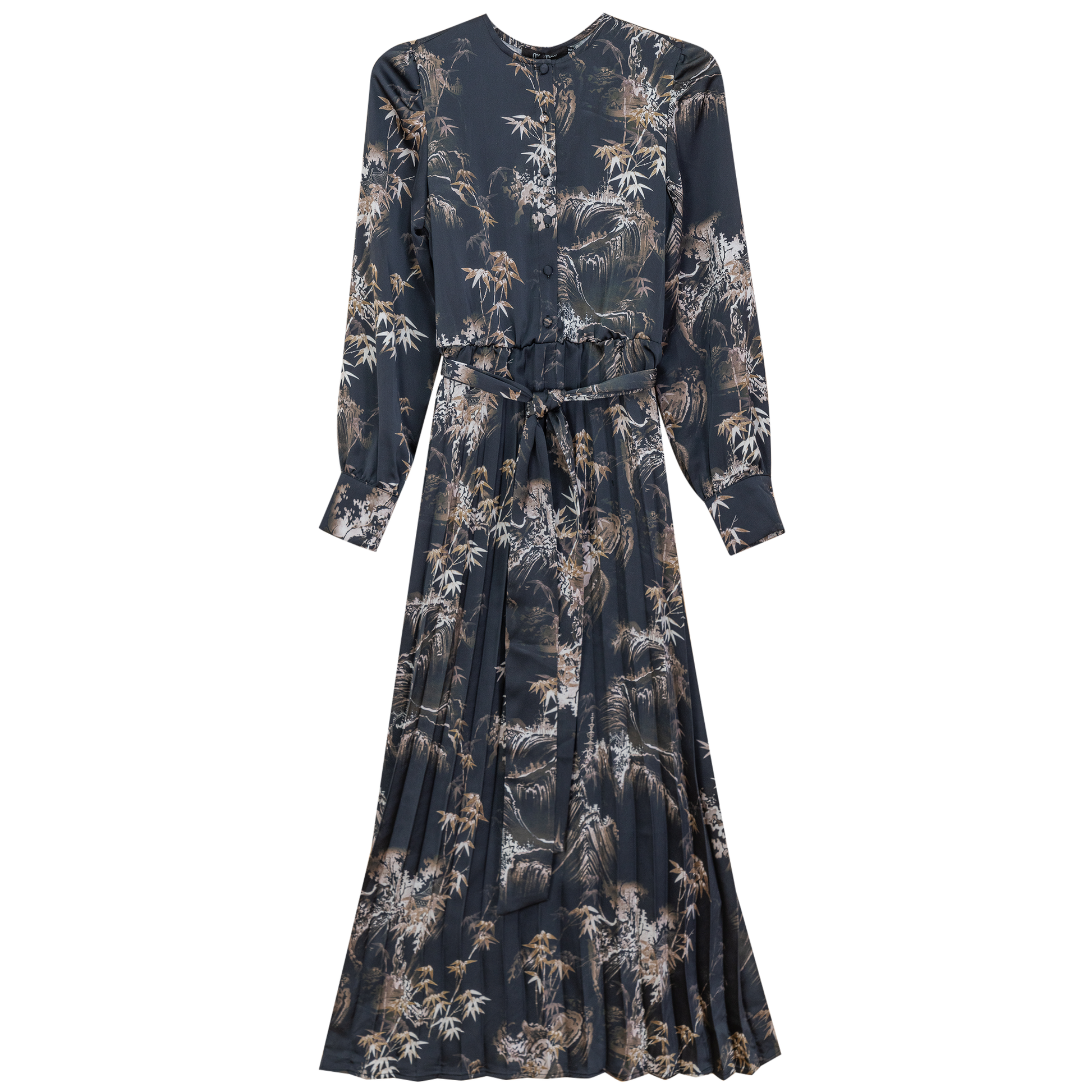 Printed Satin Accordian Pleated Dress Black