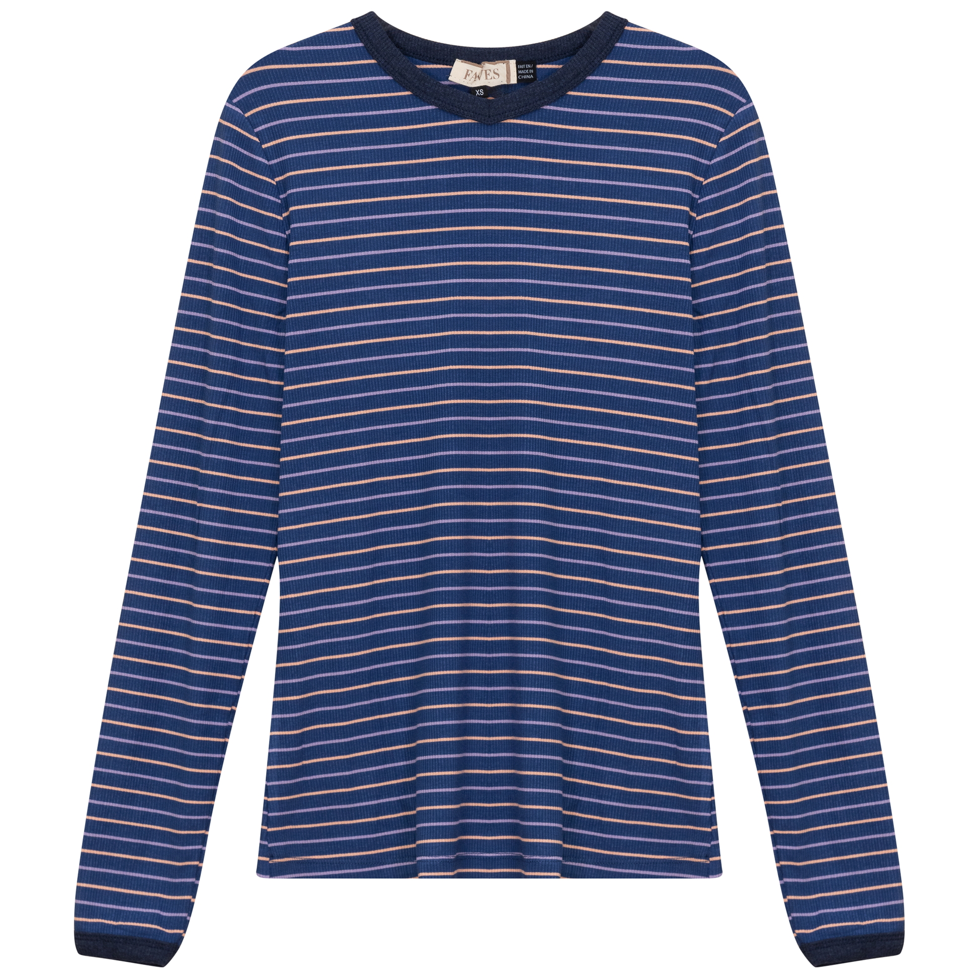 Ribbed Stripped V Neck Tee Dark Denim