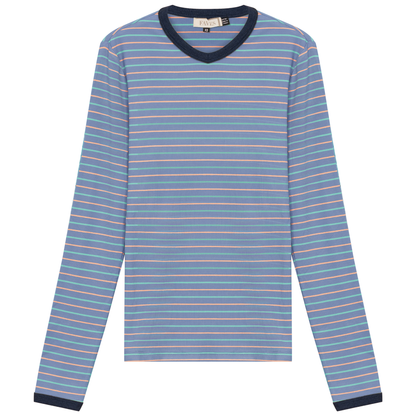 Ribbed Stripped V Neck Tee Light Denim