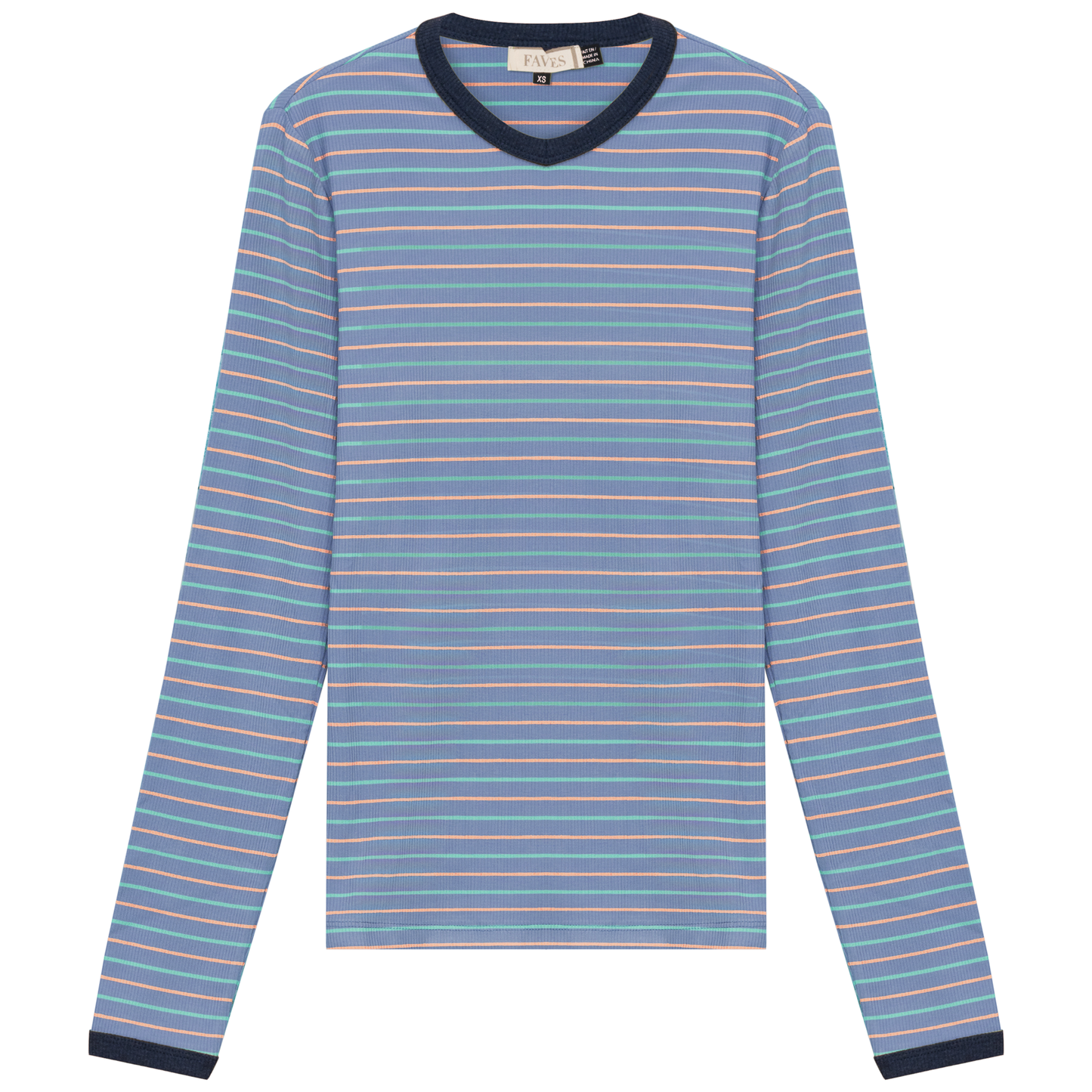 Ribbed Stripped V Neck Tee Light Denim