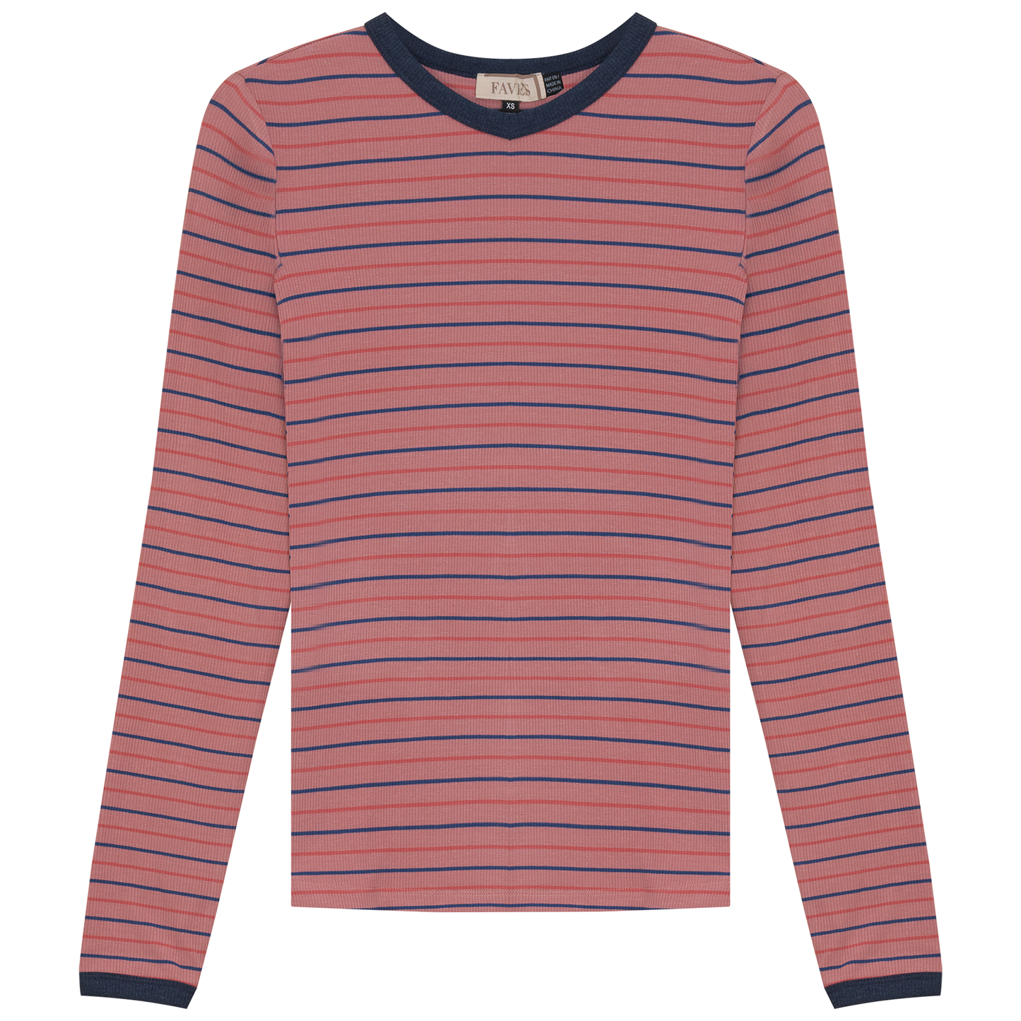 Ribbed Stripped V Neck Tee Rose