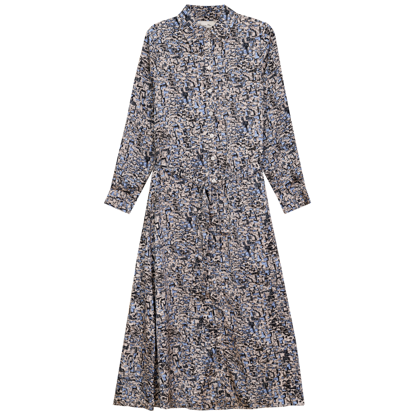 Printed Satin Midi Shirt Dress Blue
