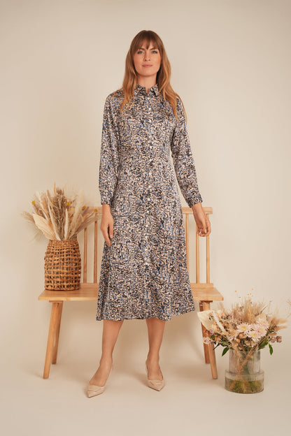 Printed Satin Midi Shirt Dress