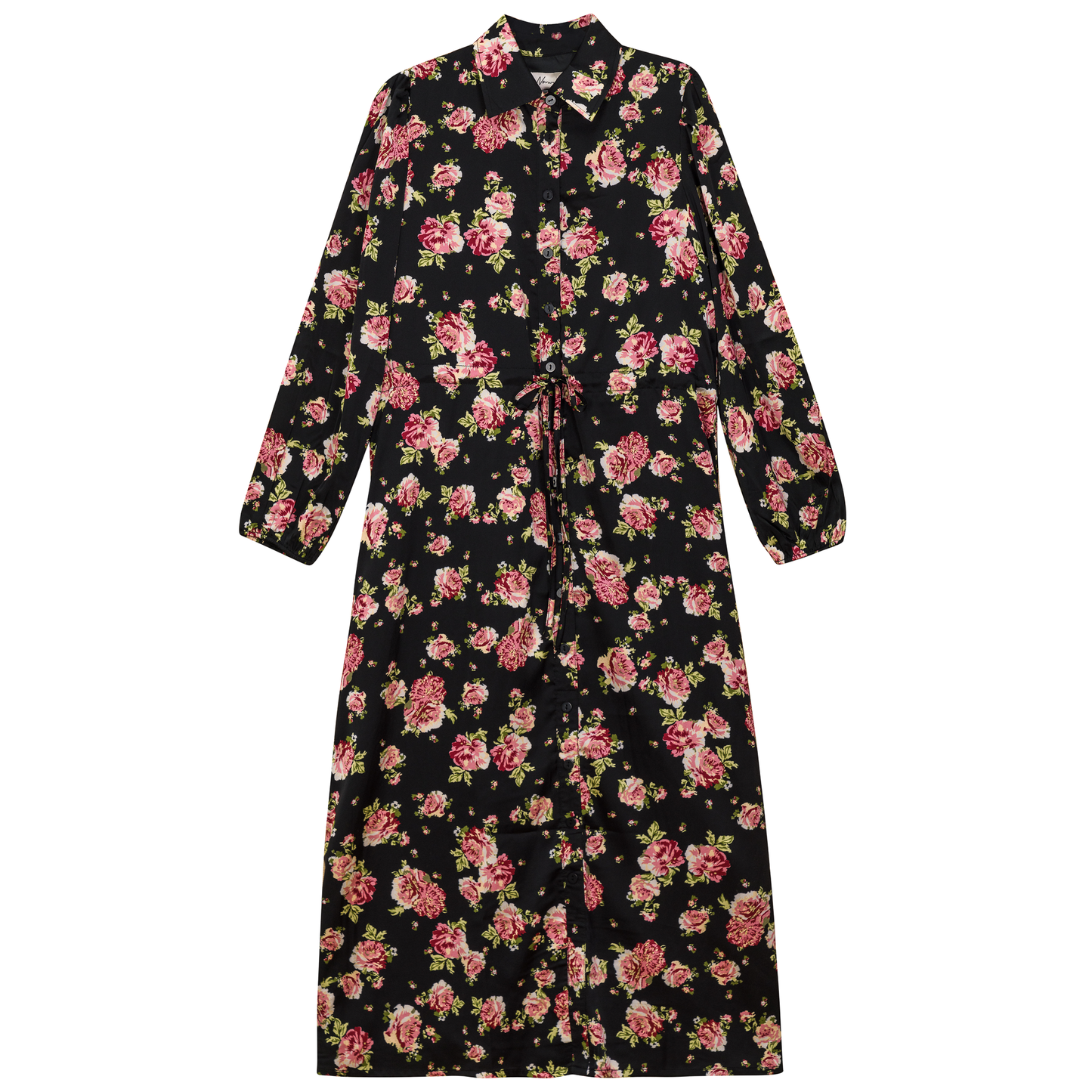 Printed Satin Belted Shirt Dress Black