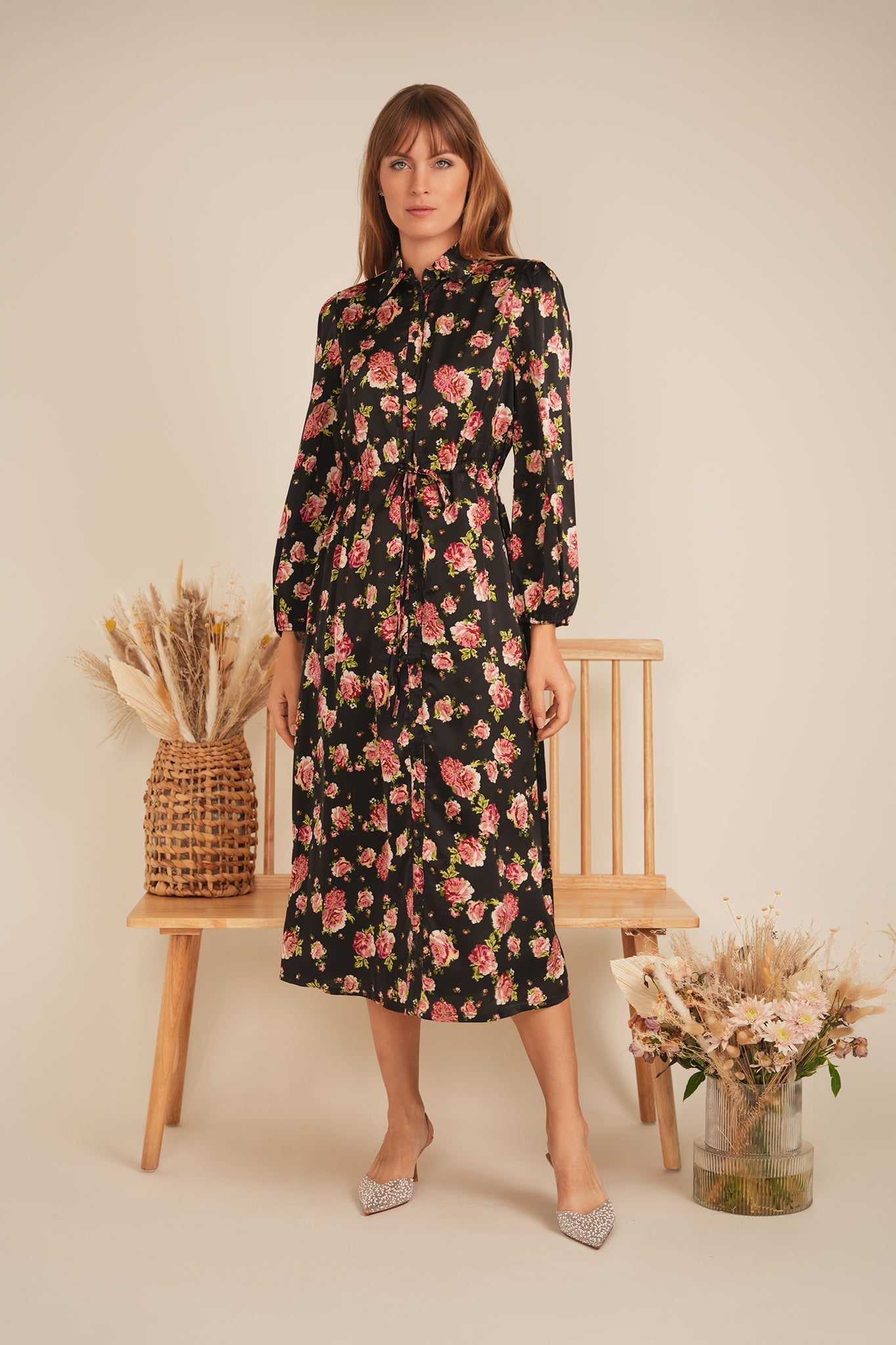 Printed Satin Belted Shirt Dress