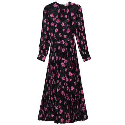 Satin Mosaic Pleated Midi Dress Black Pink