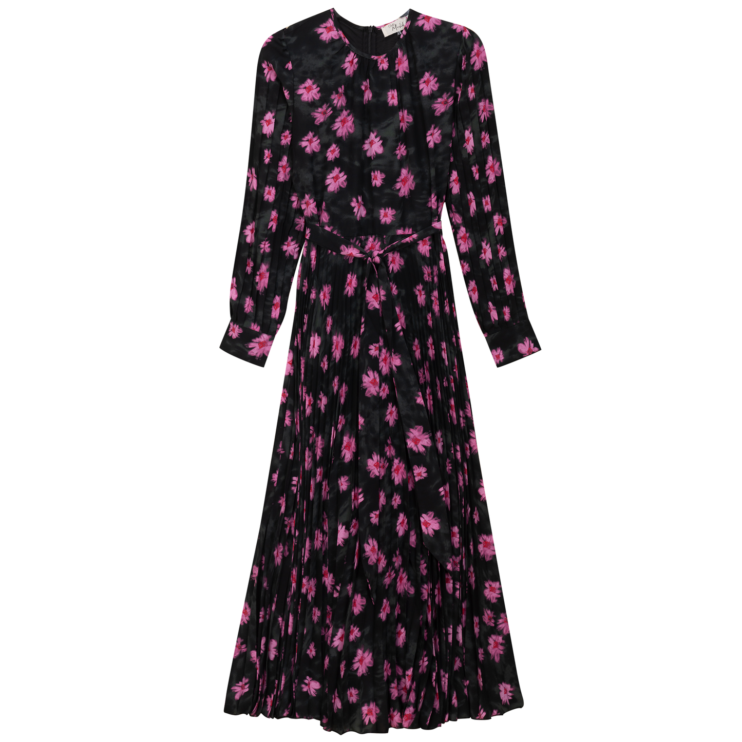 Satin Mosaic Pleated Midi Dress Black Pink