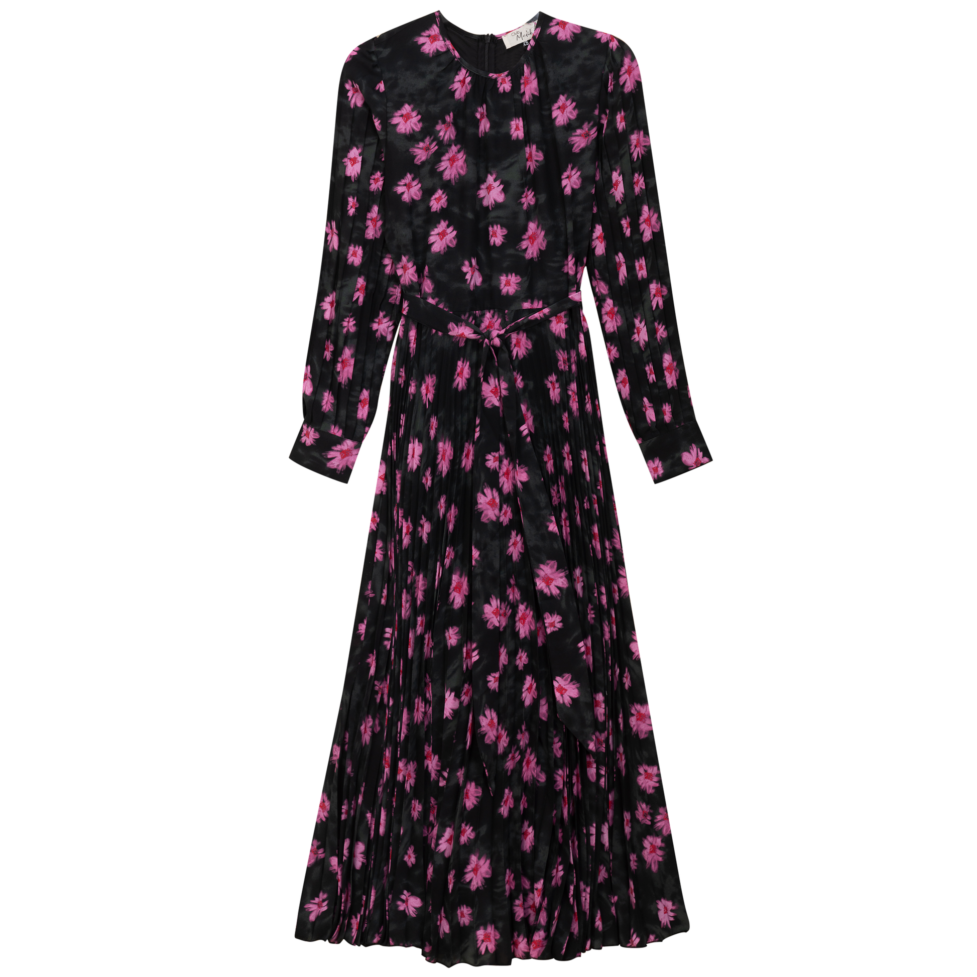 Satin Mosaic Pleated Midi Dress Black Pink