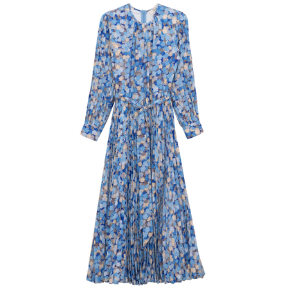 Satin Mosaic Pleated Midi Dress Blue Stone