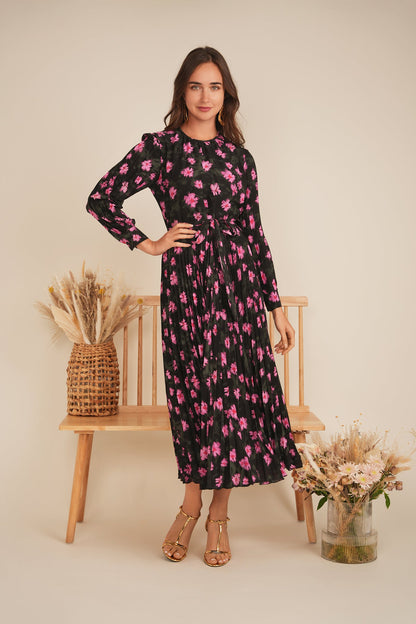 Satin Mosaic Pleated Midi Dress