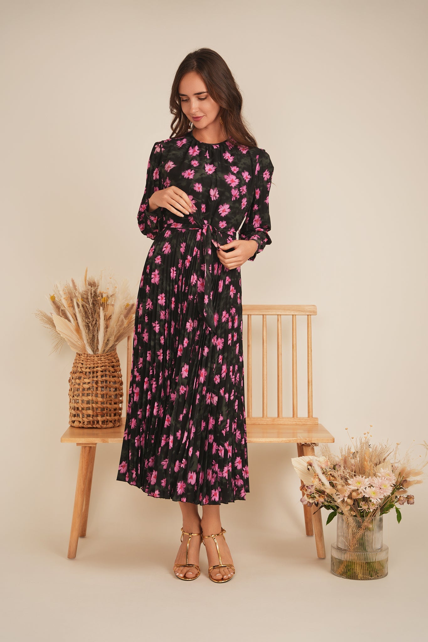 Satin Mosaic Pleated Midi Dress