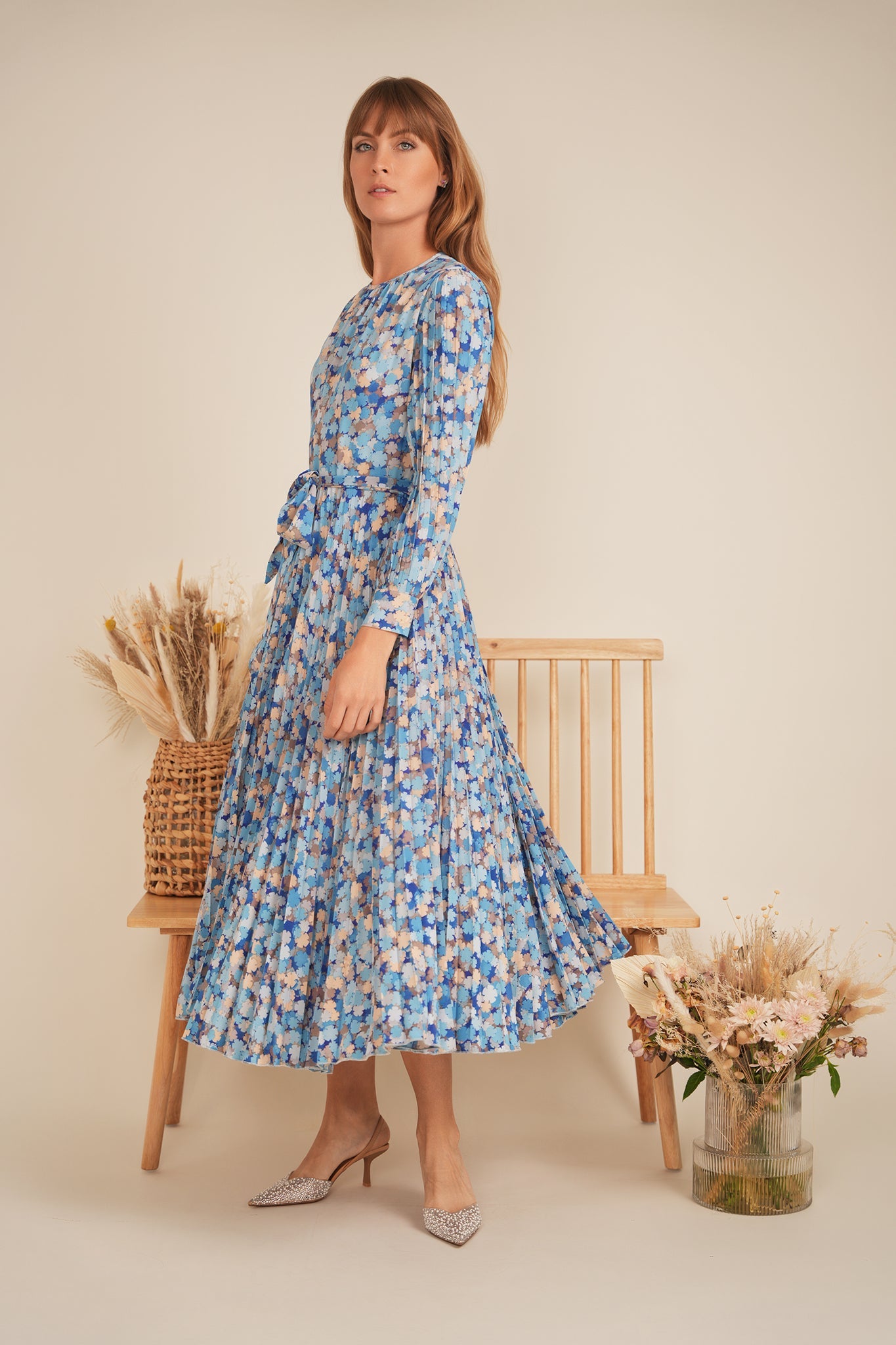 Satin Mosaic Pleated Midi Dress