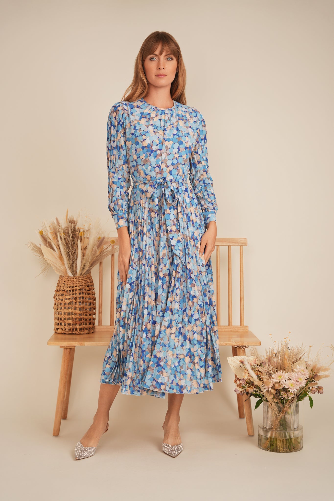 Satin Mosaic Pleated Midi Dress