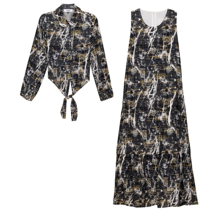 Printed Linen Midi Jumper Shirt Set Black