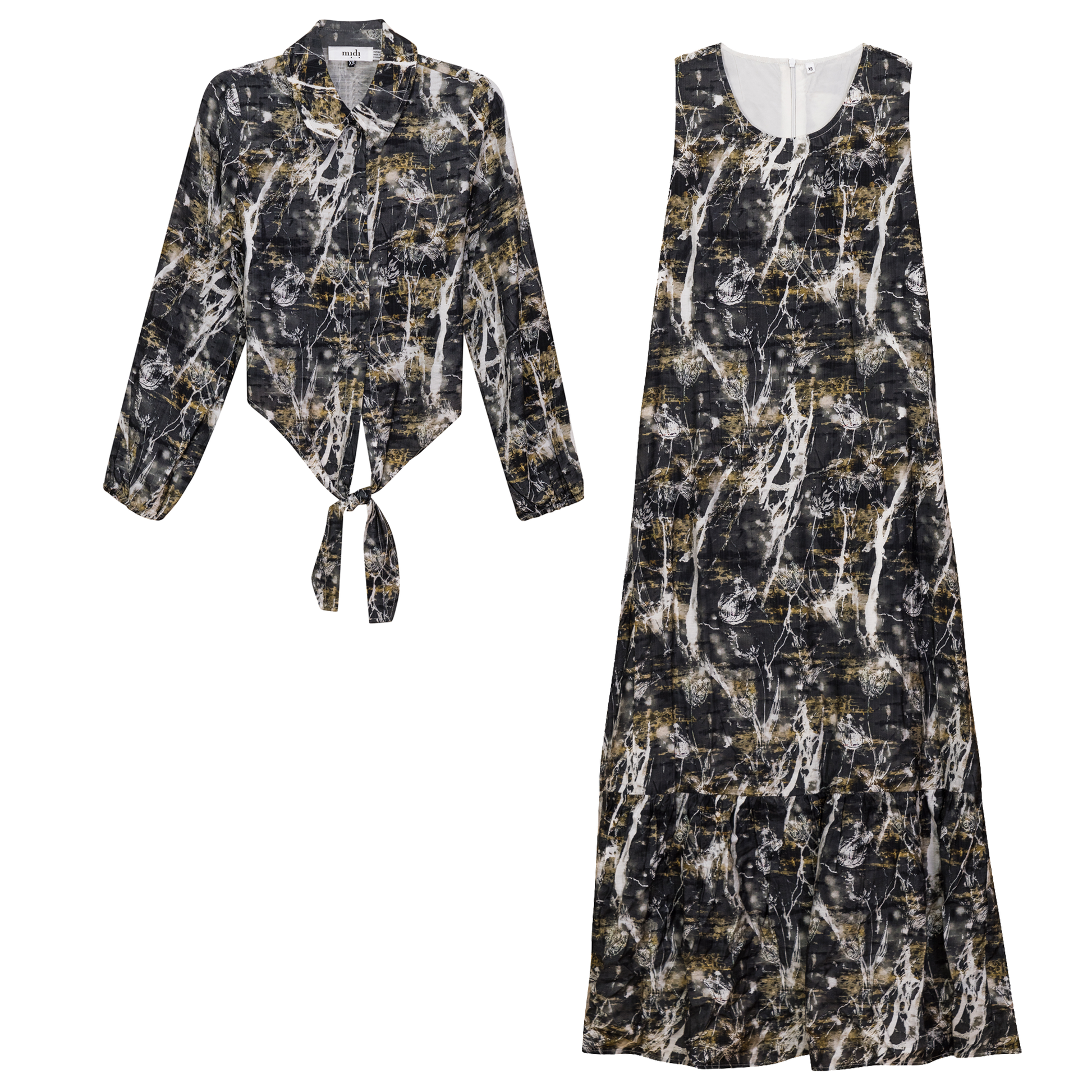 Printed Linen Midi Jumper Shirt Set Black