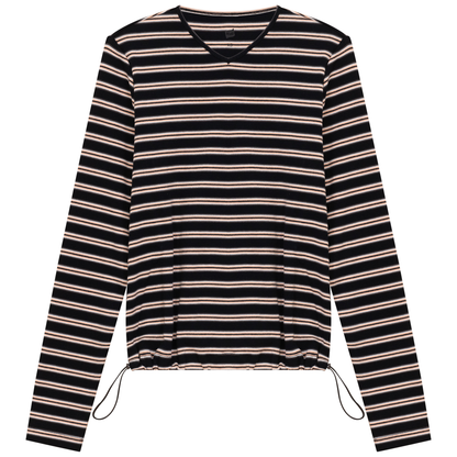 Ribbed Striped V Neck Tee With Bungee Rope Black Peach