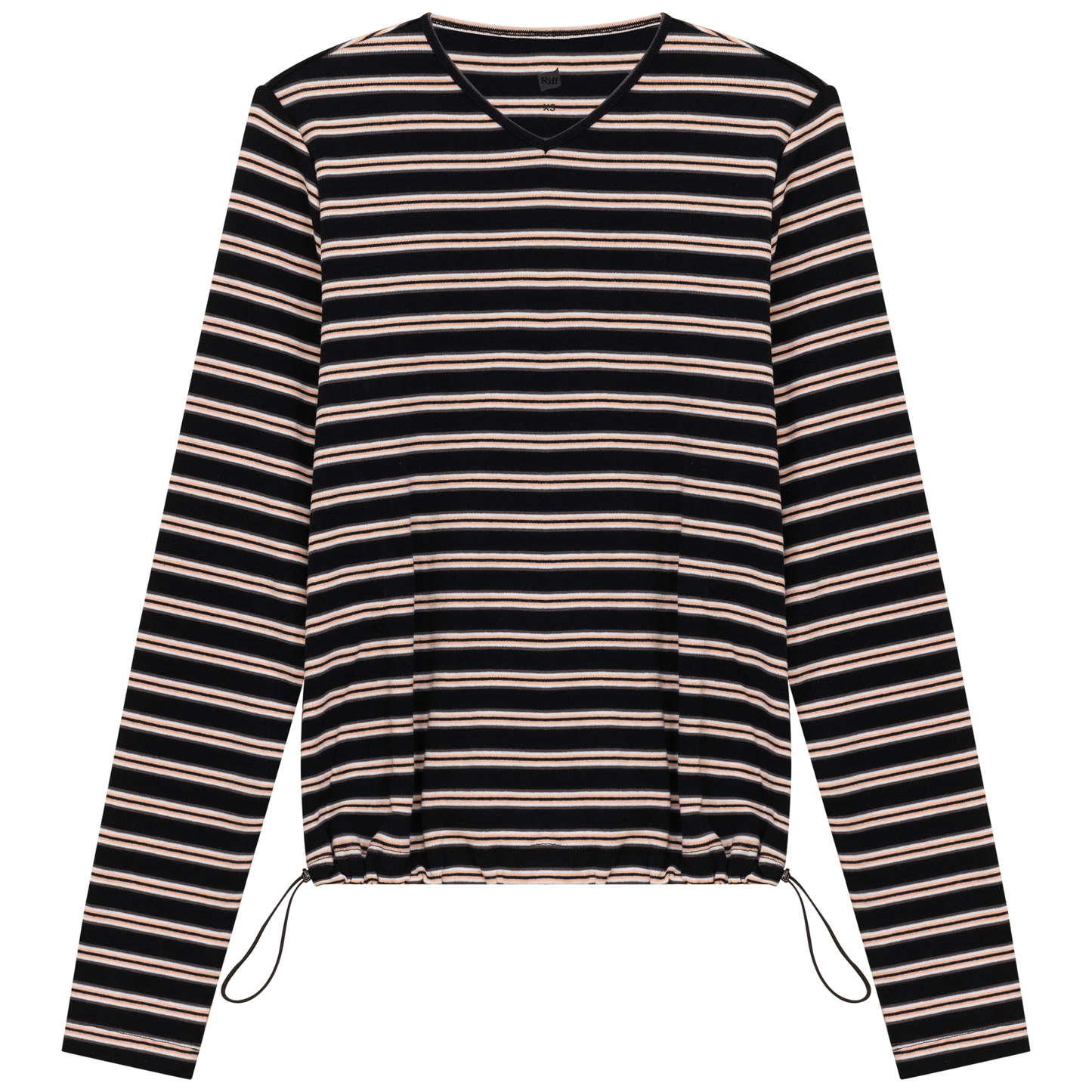 Ribbed Striped V Neck Tee With Bungee Rope Black Peach