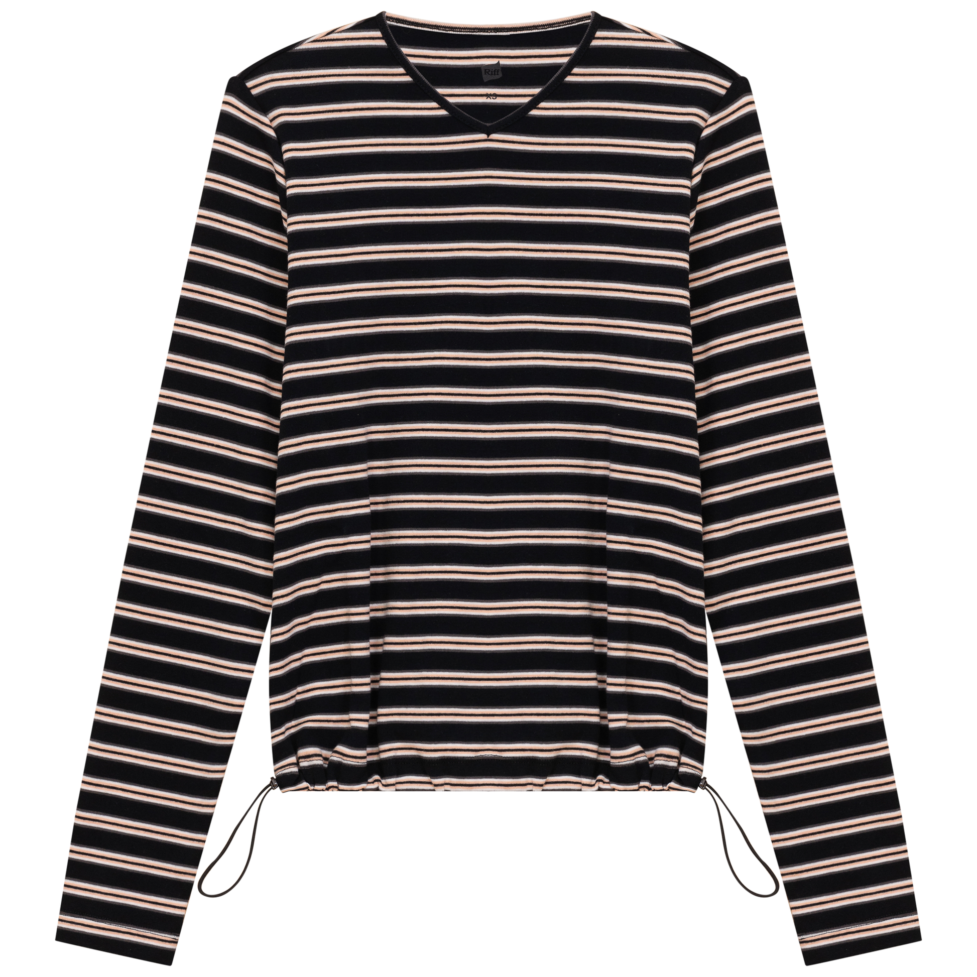 Ribbed Striped V Neck Tee With Bungee Rope Black Peach