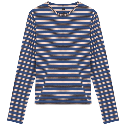 Ribbed Striped V Neck Tee With Bungee Rope Chambray Peach
