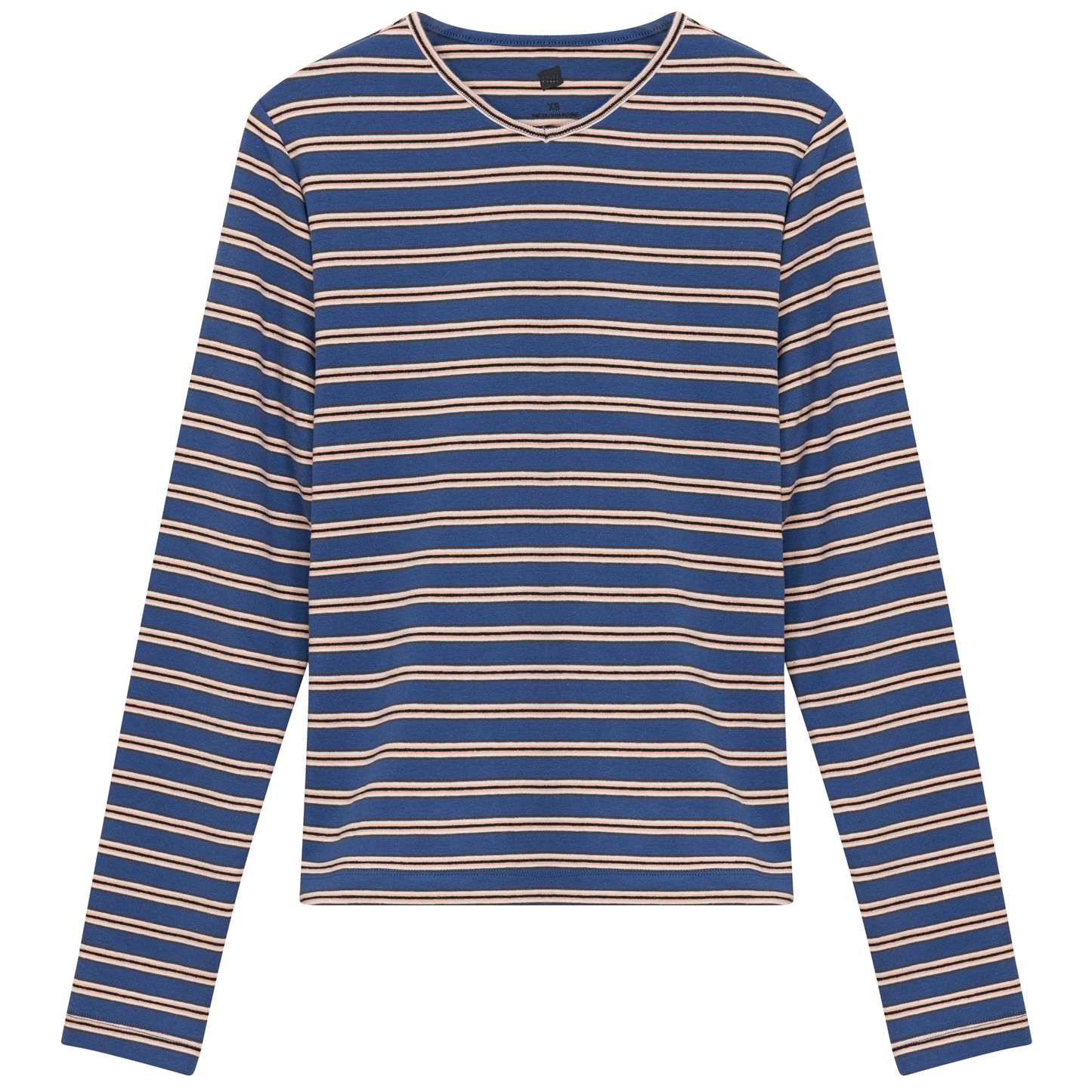 Ribbed Striped V Neck Tee With Bungee Rope Chambray Peach