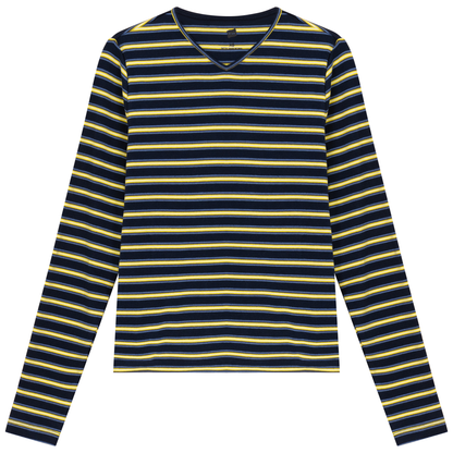 Ribbed Striped V Neck Tee With Bungee Rope Denim Yellow