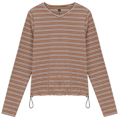Ribbed Striped V Neck Tee With Bungee Rope Mocha Peach