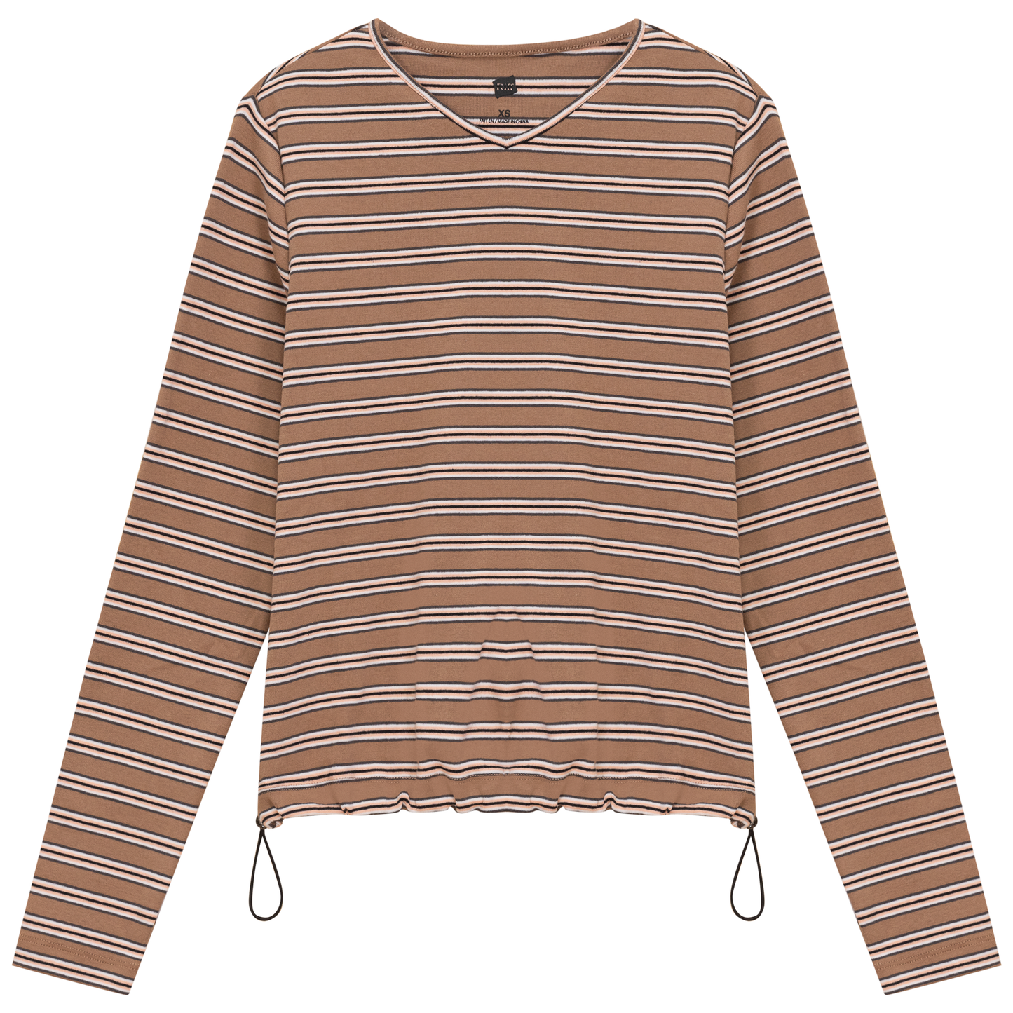 Ribbed Striped V Neck Tee With Bungee Rope Mocha Peach