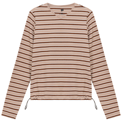 Ribbed Striped V Neck Tee With Bungee Rope Stone Orange