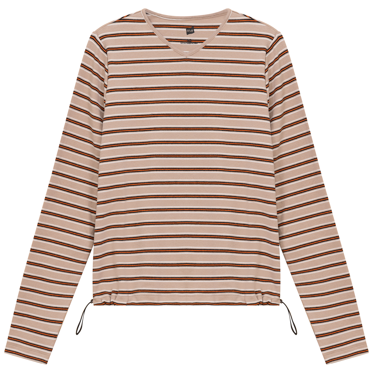 Ribbed Striped V Neck Tee With Bungee Rope Stone Orange