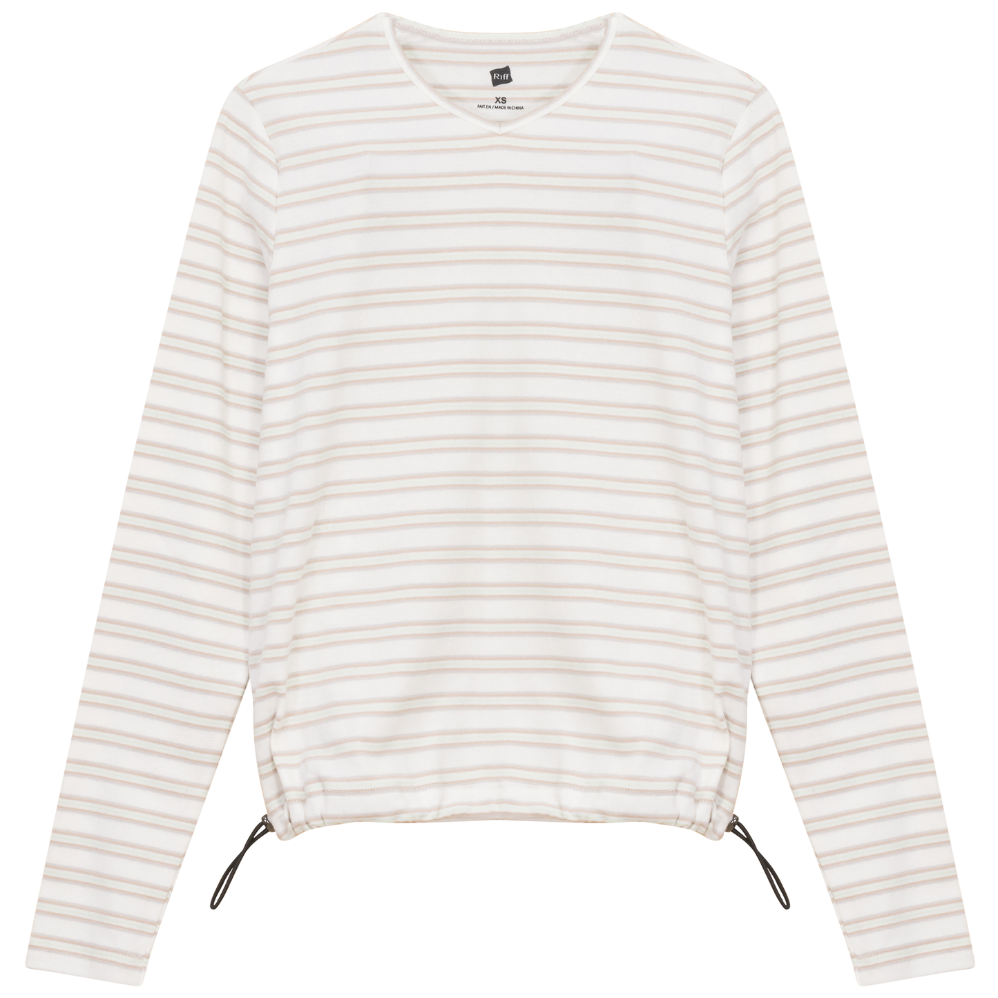Ribbed Striped V Neck Tee With Bungee Rope White Stone